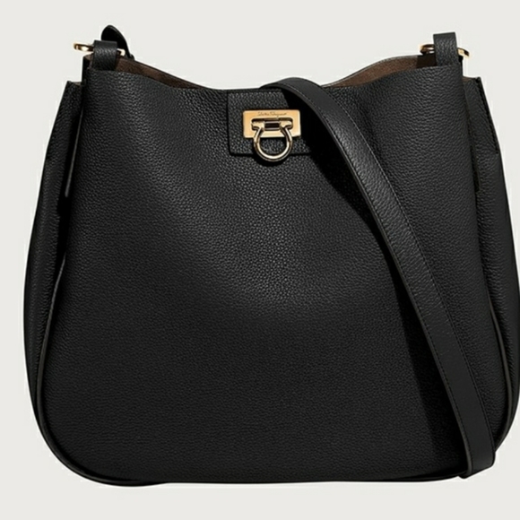 Salvatore Ferragamo-Gancini reverse grainy leather hobo shoulder bag in Black - Picture 2 of 15